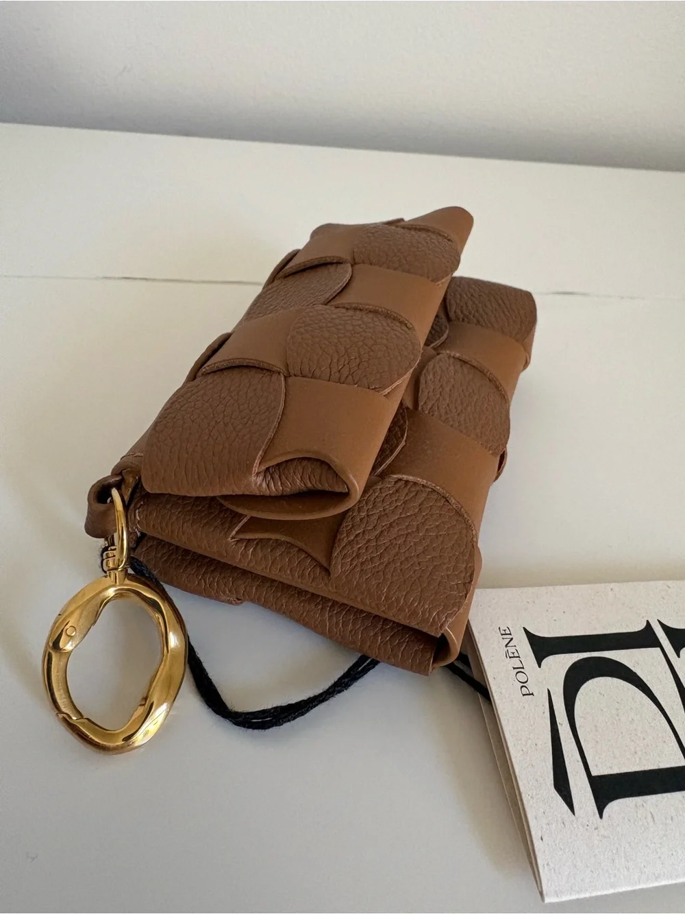 Polene Brown Woven Leather Key & Card Holder with Gold Ring